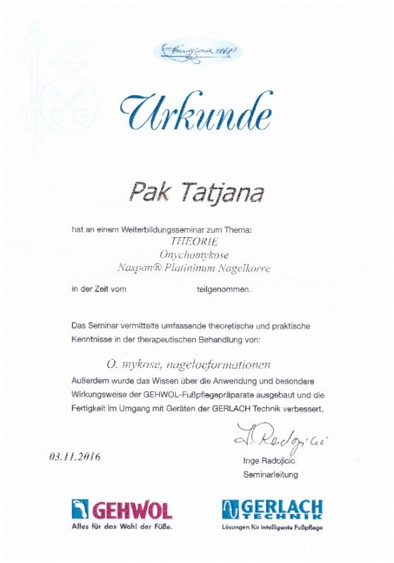 Удостоверение Theorie Onychomycose Naspan Platininum Nagelkorre